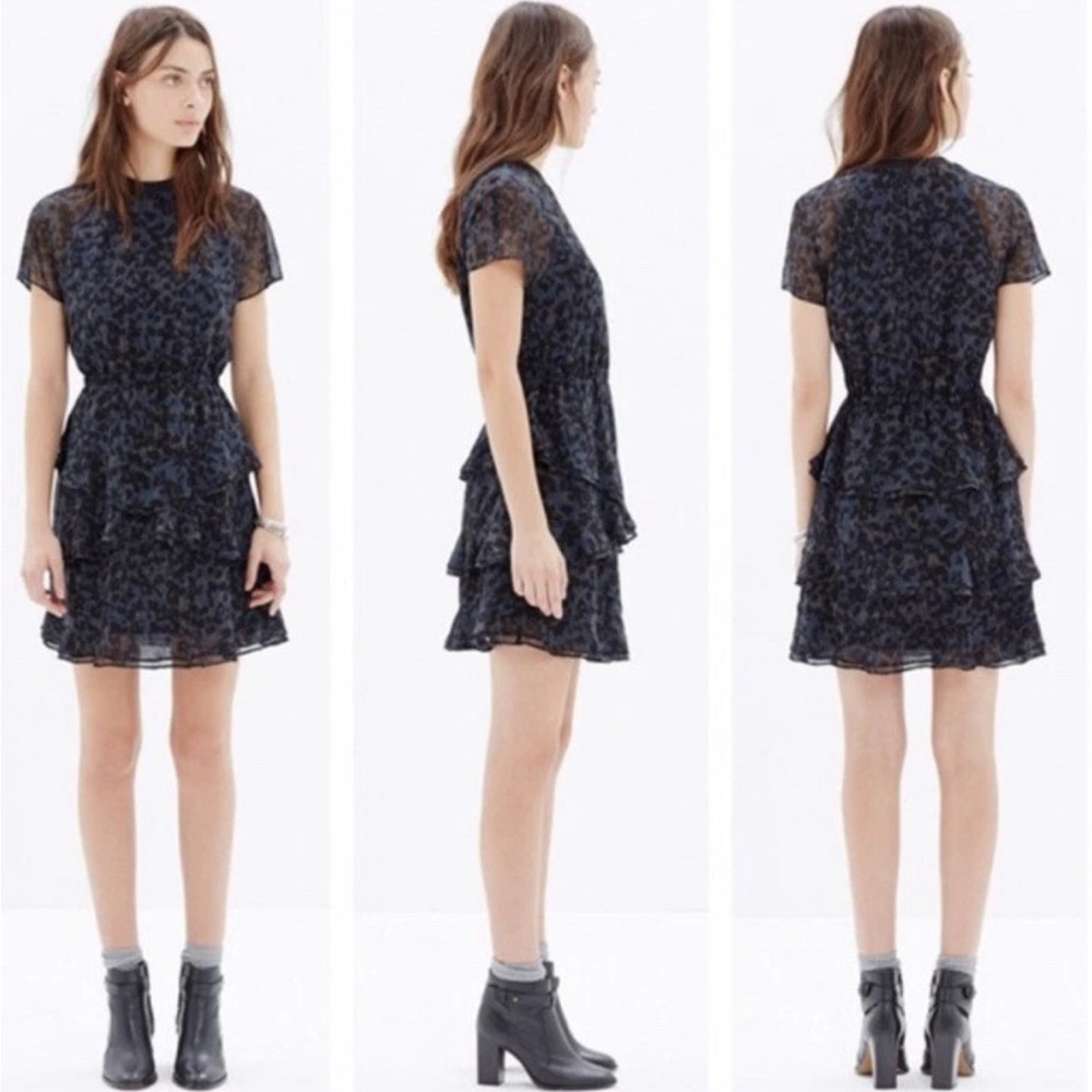 Madewell Blue Fit and Flare Mini Dress with Flutter Sleeves
